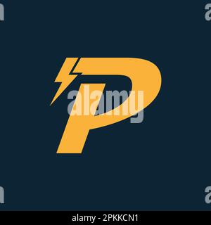 Logo mit dem Buchstaben „P“ und „Lightning Thunder Bolt Vector“-Design. Abbildung des Logos mit dem Buchstaben P für elektrische Schrauben. Stock Vektor