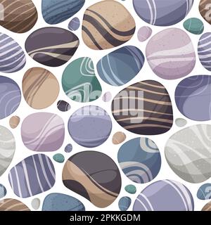 Kieselmuster. Flache und glatte abgerundete Steine im Hintergrund, Design-Element im Meer- und Strandstil, unter dem Dekorationselement Meer. Vektortextur. Strand mit verschiedenen Kopfsteinpflastersteinen Stock Vektor