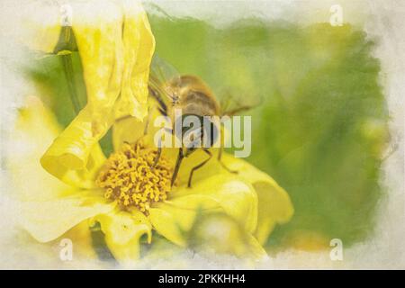 Nahaufnahme einer Biene oder Honigbiene. APIs Mellifera digitales Aquarellgemälde sammelt Pollen von einer gelben Gartenblume im Sommer. Stockfoto