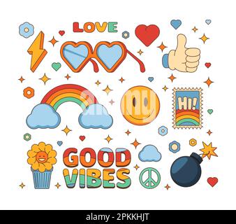 Hippie-Sticker. Farbenfrohe psychedelische abstrakte Formen, 90s Pop-Ikonen im Retro-Look, fröhliche saure geometrische Elemente. Farbenfrohes Vektor-Set. Handgeste, Daumen hoch, Regenbogen mit Wolken, Blume im Topf Stock Vektor