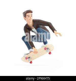 3D Cartoon-Mann springt auf Skateboard, Illustration isoliert auf weißem Hintergrund Stockfoto