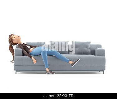 3D Cartoon-Frau schläft auf dem Sofa, Illustration isoliert auf weißem Hintergrund Stockfoto