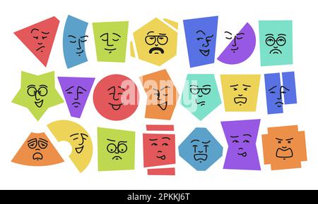 Geometrische Formen mit Emotionen. Abstrakte Grundformen, die Glück, Wut und Traurigkeit mit Gesichtern, Emotionen zum Ausdruck bringen. Vector-Doodle-Set. Lustige, verspielte, bunte Figuren, isoliert auf Weiß Stock Vektor