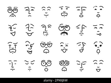 Doodle Emoticons. Niedliche Charaktere mit lustigen Gesichtern einer Vielzahl von Emotionen in Messaging und sozialen Medien, Glück, Traurigkeit und Wut. Verspieltes Vektorset. Lächelnde, weinende Person, komische Karikatur Stock Vektor