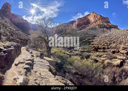 Die Klippen des Bright Angel Canyon am Grand Canyon vom Beginn des Garden Creek Canyon entlang des Bright Angel Trail aus gesehen Stockfoto