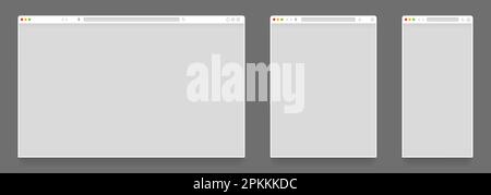 Browser-Modelle. Leere Vorlagen für Tablet-PCs und mobile Webseiten, leere Website-Frames auf verschiedenen Geräten. Vektor-Browser-Fenster eingestellt. Verschiedene isolierte Gadgets wie Laptop, Smartphone Stock Vektor