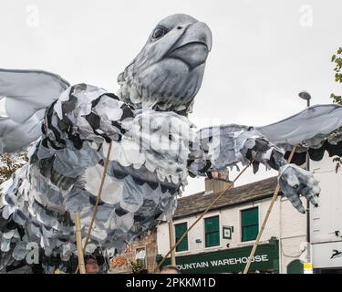 Riesenvögel auf der Straßenparade beim Skipton Puppet Festival 2015. Stockfoto