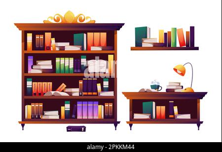 Bücherregal. Bücherregal mit Büchern und Forschungseinrichtung, klassische Bücherregalmöbel-Sammlung. Vektordarstellung. Schreibtisch mit offener Enzyklopädie, Lampe und Tasse Tee Stock Vektor