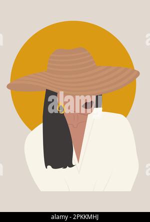Porträt einer schönen jungen Frau auf dem Hutposter. Wanddekor Stock Vektor