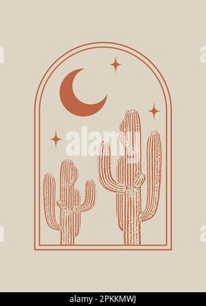 Minimalistische ästhetische Darstellung mit Kaktus in der Nachtswüste. Stock Vektor