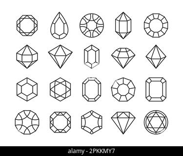 Stylen Sie Edelsteine. Schatzdiamanten und umrandete Edelsteine, luxuriöser Schmuck, geometrische Symbole, dünne Striche, Logo-Design. Vektor isoliertes Set. Verschiedene teure Edelsteinsymbole wie Smaragd, Saphir Stock Vektor