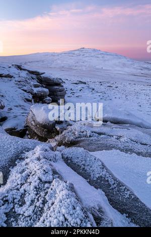 Schnee- und eisbedecktes Moorland bei Tagesanbruch am West Mill Tor im Dartmoor National Park im Winter, Devon, England, Großbritannien, Europa Stockfoto