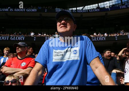 London, Großbritannien. 8. April 2023. Brighton und Hove Albion Fans während des Premier League-Spiels im Tottenham Hotspur Stadium, London. Das Bild sollte lauten: Kieran Cleeves/Sportimage Credit: Sportimage/Alamy Live News Stockfoto