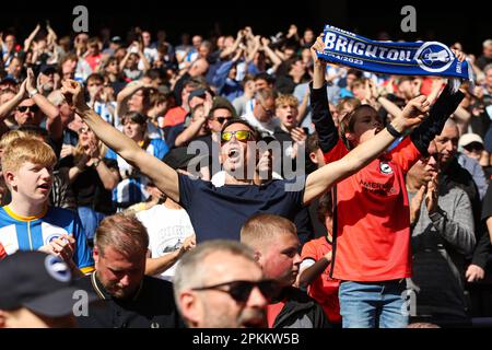 London, Großbritannien. 8. April 2023. Brighton und Hove Albion Fans während des Premier League-Spiels im Tottenham Hotspur Stadium, London. Das Bild sollte lauten: Kieran Cleeves/Sportimage Credit: Sportimage/Alamy Live News Stockfoto