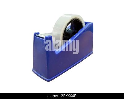 Blauer Klebebandabroller auf weißem Hintergrund Stockfoto