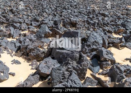 Die freiliegenden schwarzen Basaltfelsen auf einem Hügel in der Schwarzen Wüste in Ägypten Stockfoto