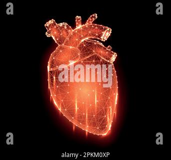 Polygonale Vektordarstellung eines roten Herzens auf schwarzem Hintergrund, menschliches inneres Organ. Banner, Vorlage oder Hintergrund für die medizinische Kardiologie. Stock Vektor