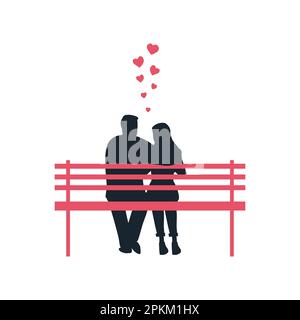 Valentinstag-Illustration. Schwarze Silhouetten von jungen Männern und jungen Frauen mit roten Herzen. Das junge Paar sitzt auf einer Parkbank Stock Vektor