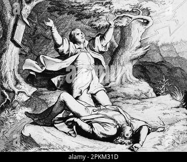 Auf Reisen mit seinem Freund Alexius oder Alerius wird Martin Luthers Freund von einem Blitz getroffen und stirbt, historische Illustration 1851 Stockfoto