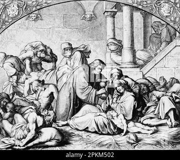 Martin Luther besucht Menschen, die unter schwarzem Tod leiden, tröstet sie, lässt sie aus dem Becher trinken, historische Illustration 1851 Stockfoto