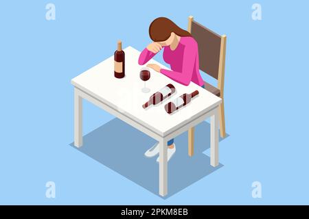 Isometrisches Alkoholsuchtkonzept. Depressive Frau mit Alkoholismus Stock Vektor