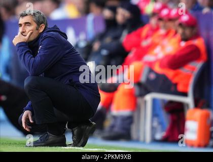 Athletic Club-Cheftrainer Ernesto Valverde während des Spiels in La Liga zwischen RCD Espanyol und Athletic Club, gespielt am 8. April im RCDE-Stadion in Barcelona, Spanien. (Foto: Bagu Blanco / PRESSIN) Stockfoto