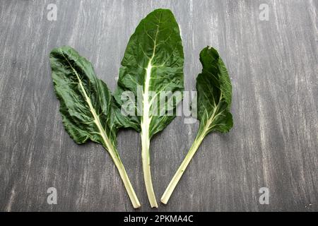 Frisch geerntete große grüne Mangold Blätter bereit zum Zerkleinern und Kochen nahrhafter und gesunder omido auf einem Holztisch Stockfoto