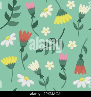Nahtloses Vektormuster mit flachen, niedlichen, minimalistischen Blumen auf grünem Hintergrund. Frühlingsblumen mit Blütenfeldblumen. Stock Vektor