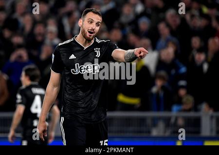 Rom, Italien. 08. April 2023. Federico Gatti vom FC Juventus Gesten während des Fußballspiels der Serie A zwischen SS Lazio und dem FC Juventus im Olimpico Stadion in Rom (Italien), 8. April 2023. Kredit: Insidefoto di andrea staccioli/Alamy Live News Stockfoto