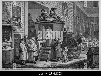 Der Bühnenbus oder der Country Inn Yard. William Hogarth. 1747. Stockfoto