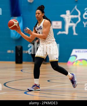 Cardiff, Großbritannien. 08. April 2023. Brittany Hodges (Suns) während der WBBL Cardiff Archers gegen Sevenoaks Suns in der Archers Arena Cardiff Vereinigtes Königreich am 08 2023. April Alamy Live News Endstand: 68 - 93 Kredit: Graham Glendinning / GlennSports/Alamy Live News Stockfoto