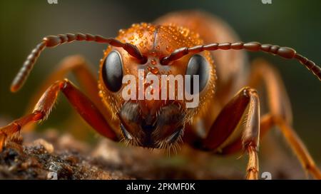 Rote Ameisen suchen Nahrung auf grünen Ästen. Arbeitsameisen gehen auf den Ästen, um das Nest im Wald zu schützen. Stockfoto