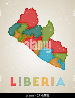 Liberia Karte. Länderposter mit farbigen Bereichen. Alte Grunge-Textur. Vektordarstellung von Liberia mit Ländername. Stock Vektor