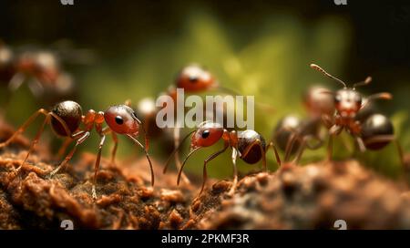 Rote Ameisen suchen Nahrung auf grünen Ästen. Arbeitsameisen gehen auf den Ästen, um das Nest im Wald zu schützen. Stockfoto