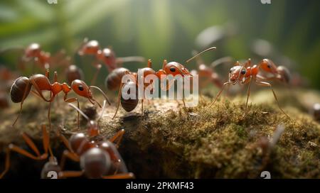 Rote Ameisen suchen Nahrung auf grünen Ästen. Arbeitsameisen gehen auf den Ästen, um das Nest im Wald zu schützen. Stockfoto