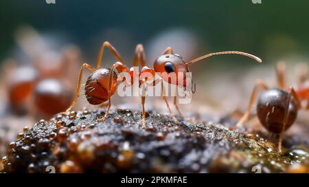 Rote Ameisen suchen Nahrung auf grünen Ästen. Arbeitsameisen gehen auf den Ästen, um das Nest im Wald zu schützen. Stockfoto