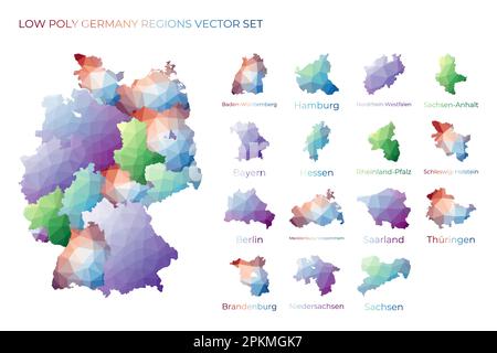 Deutsche Low-Poly-Regionen. Polygonale Karte Deutschlands mit Regionen. Geometrische Karten für Ihr Design. Ansprechende Vektordarstellung. Stock Vektor