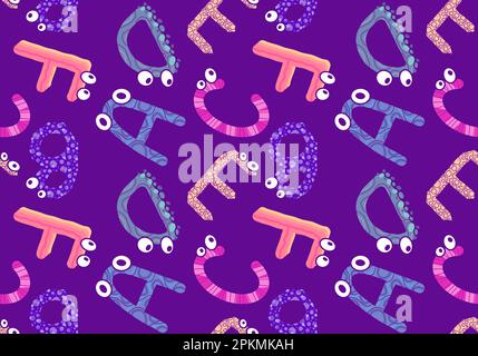 Zeichentrickfilm englische Buchstaben nahtlose Monster mit Augenmuster für Kinderbekleidung und Accessoires, Bettwäsche und Stoffe und Kindergarten-Tex Stockfoto