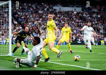 Madrid, Spanien. 08. April 2023. In Aktion während des Fußballspiels zwischen Real Madrid und Villareal, gültig für den Spieltag 28 der spanischen Liga der ersten Liga â&#x80;&#x9c;La Ligaâ&#x80;&#x9d; gefeiert in Madrid, Spanien, im Bernabeu Stadion am Samstag, den 08. April 2023. Gutschrift: Independent Photo Agency/Alamy Live News Stockfoto