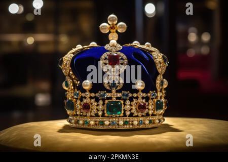 Königliche goldene Krone mit Juwelen auf dunklem Hintergrund. Symbole der britischen Monarchie. Zeremonie der Krönung des Königs Karl III. Gene Stockfoto
