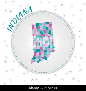 Indiana Kartendesign. Karte des US-Bundesstaates mit Regionen in Smaragd-Amethyst-Farbpalette. Stock Vektor