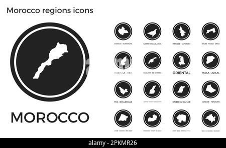 Symbole der marokkanischen Regionen. Schwarze runde Logos mit Karten und Titeln der jeweiligen Region. Vektordarstellung. Stock Vektor