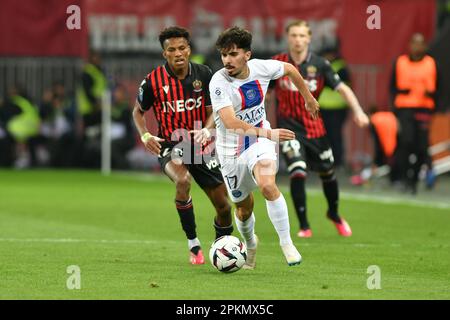 Schön, Frankreich. 08. April 2023. Vitinha (psg) beim OGC Nice vs Paris Saint Germain (PSG), französisches Fußballspiel Ligue 1 in Nizza, Frankreich, April 08 2023 Kredit: Independent Photo Agency/Alamy Live News Stockfoto