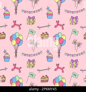 Geburtstagsparty-Muster. Nahtloser Vektorhintergrund mit lustigen bunten Geburtstagskritzel. Von Hand gezogenes Kind Geburtstag wiederhole Illustration Stock Vektor