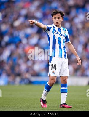 San Sebastian, Spanien. 8. April 2023. SAN SEBASTIAN, SPANIEN - APRIL 08: Takefusa Kubo von Real Sociedad reagiert während des Spiels La Liga Santander zwischen Real Sociedad und Getafe CF in der reale Arena am 8. April 2023 in San Sebastian, Spanien. Kredit: Ricardo Larreina/AFLO/Alamy Live News Stockfoto