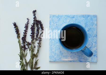 Tasse aromatischer Kräutertee und Salbeiblüten auf weißem Tisch, flach liegend Stockfoto