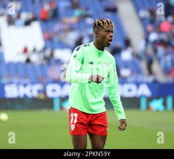 Sabadell, Barcelona, Spanien. 8. April 2023. Barcelona Spanien 08.04.2023 Nico Williams (Athletic Club) Gesten während der La Liga Santander zwischen Espanyol und Athletic Club im RCDE Stadium am 08. April 2023 in Barcelona. (Kreditbild: © Xavi Urgeles/ZUMA Press Wire) NUR REDAKTIONELLE VERWENDUNG! Nicht für den kommerziellen GEBRAUCH! Kredit: ZUMA Press, Inc./Alamy Live News Stockfoto