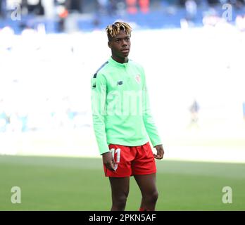 Sabadell, Barcelona, Spanien. 8. April 2023. Barcelona Spanien 08.04.2023 Nico Williams (Athletic Club) zeigt am 08. April 2023 im RCDE-Stadion in Barcelona auf der La Liga Santander zwischen Espanyol und Athletic Club. (Kreditbild: © Xavi Urgeles/ZUMA Press Wire) NUR REDAKTIONELLE VERWENDUNG! Nicht für den kommerziellen GEBRAUCH! Kredit: ZUMA Press, Inc./Alamy Live News Stockfoto
