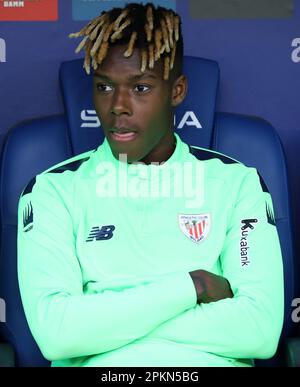 Sabadell, Barcelona, Spanien. 8. April 2023. Barcelona Spanien 08.04.2023 Nico Williams (Athletic Club) Gesten während der La Liga Santander zwischen Espanyol und Athletic Club im RCDE Stadium am 08. April 2023 in Barcelona. (Kreditbild: © Xavi Urgeles/ZUMA Press Wire) NUR REDAKTIONELLE VERWENDUNG! Nicht für den kommerziellen GEBRAUCH! Kredit: ZUMA Press, Inc./Alamy Live News Stockfoto