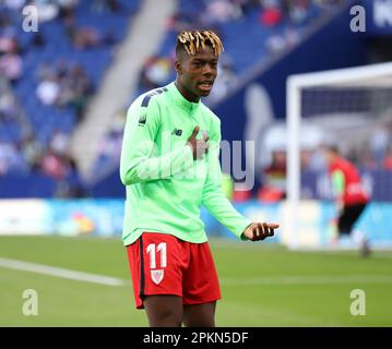 Sabadell, Barcelona, Spanien. 8. April 2023. Barcelona Spanien 08.04.2023 Nico Williams (Athletic Club) Gesten während der La Liga Santander zwischen Espanyol und Athletic Club im RCDE Stadium am 08. April 2023 in Barcelona. (Kreditbild: © Xavi Urgeles/ZUMA Press Wire) NUR REDAKTIONELLE VERWENDUNG! Nicht für den kommerziellen GEBRAUCH! Kredit: ZUMA Press, Inc./Alamy Live News Stockfoto